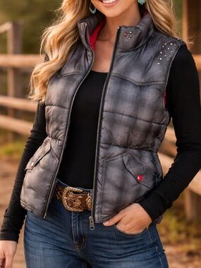 Cruel Girl Gray Quilted Plaid Puffer Vest with Red Trim